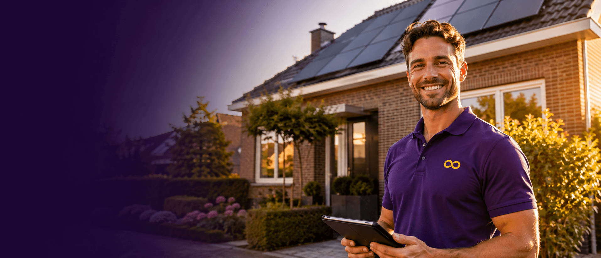 Lachende Stroomzoon-adviseur voor een woning met zonnepanelen op het dak