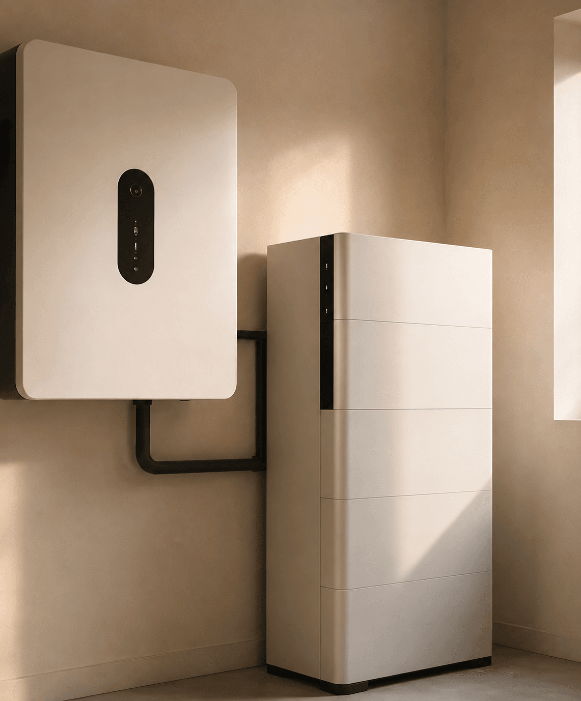 Stroomzoon-thuisbatterij met omvormer aan de muur in een bijkeuken